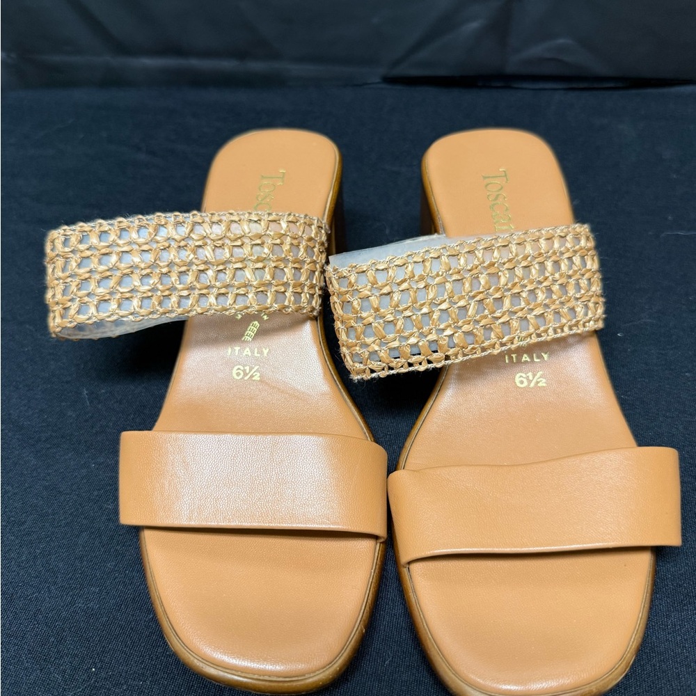 TOSCA BLU Tan Leather & Woven Slide Sandals